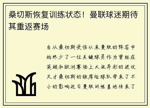 桑切斯恢复训练状态！曼联球迷期待其重返赛场